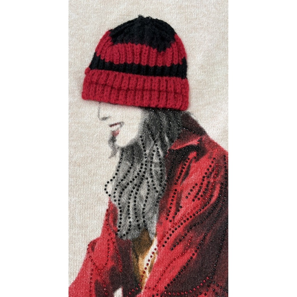 Ness Light Oatmeal Knit 3D knit appliqué Beanie Denim Shirt Collar Large Sweater - Picture 3 of 13